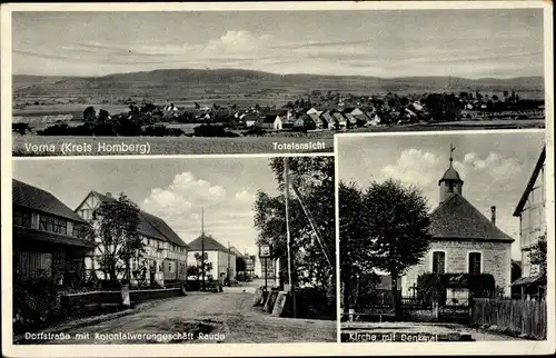 Ak Verna Frielendorf in Hessen, Panorama, Kirche, Denkmal, Dorfstraße, Kolonialwarengeschäft Raude