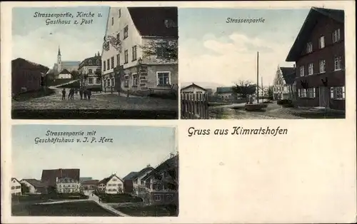 Ak Kimratshofen Altusried im Allgäu, Kirche, Gasthaus zur Post, Geschäftshaus J. P. Herz