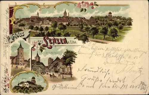 Litho Lenzen an der Elbe Prignitz, Gesamtansicht, Kirche, Burg, Stumpfer Turm