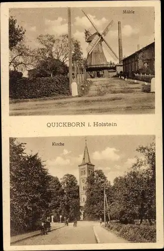 Ak Quickborn in Holstein, Windmühle, Kirche