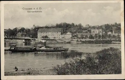 Ak Krosno Odrzańskie Crossen Oder Ostbrandenburg, Bismarckstraße, Dampfer, Brücke