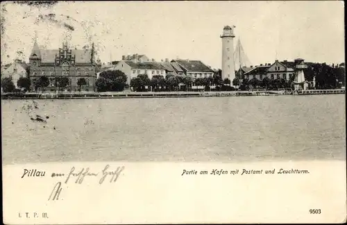 Ak Baltijsk Pillau Ostpreußen, Partie am Hafen mit Postamt und Leuchtturm