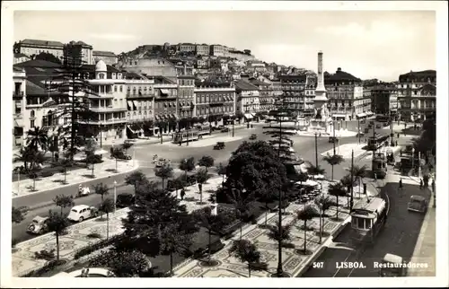 Ak Lisboa Lissabon Portugal, Restauradores, Straßenbahn, Denkmal