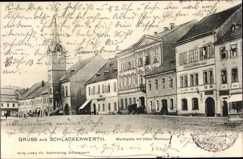 Ak Ostrov nad Ohří Schlackenwerth Region Karlsbad, Marktplatz mit Hotel Renthaus