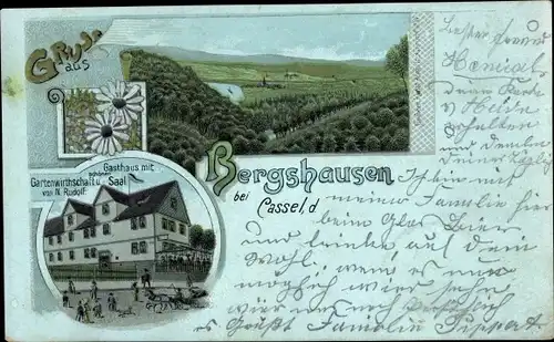Litho Bergshausen Fuldabrück Nordhessen, Gasthaus, Landschaft