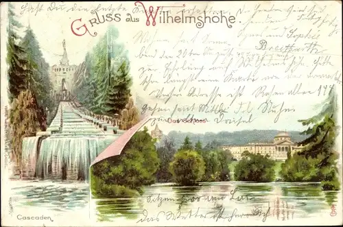 Litho Bad Wilhelmshöhe Kassel in Hessen, Kaskaden, Denkmal, Schloss