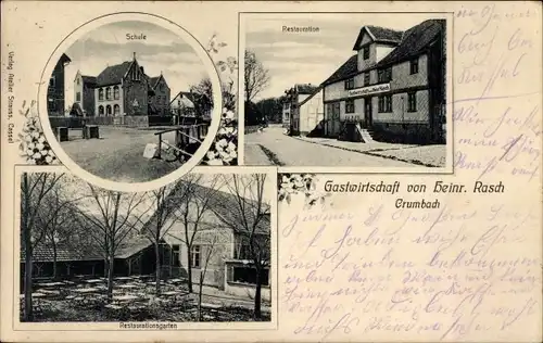 Ak Crumbach Lohfelden in Hessen, Schule, Gastwirtschaft, Restaurationsgarten