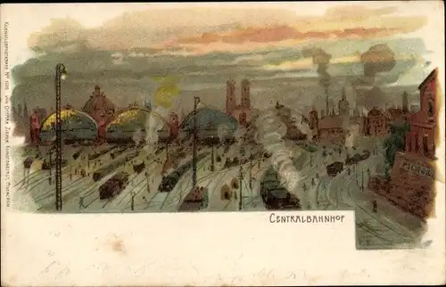 Künstler Litho München Bayern, Centralbahnhof, Gleisseite
