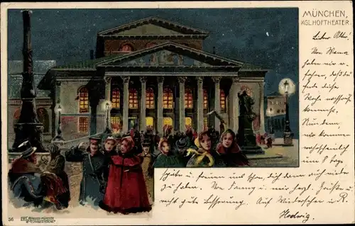 Litho München Bayern, Hoftheater bei Nacht
