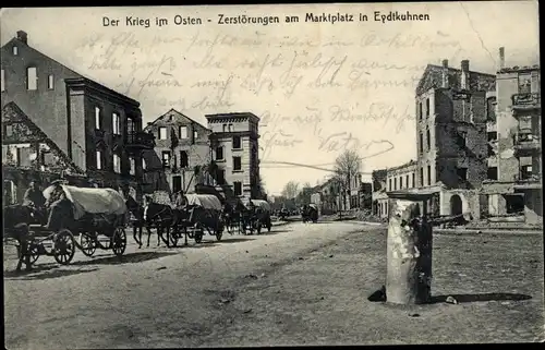 Ak Tschernyschewskoje Eydtkau Eydtkuhnen Ostpreußen, Marktplatz, Planwagen, Zerstörungen I. WK