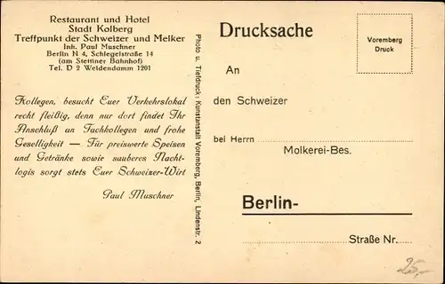 Ak Berlin Mitte, Hotel Stadt Kolberg, Schlegelstraße 14, Verband Schweizer Sennen