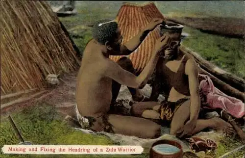 Ak Südafrika, Zulu-Krieger, Herstellung und Befestigung des Kopfrings