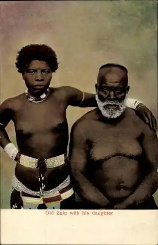 Ak Südafrika, alter Zulu-Mann mit seiner Tochter