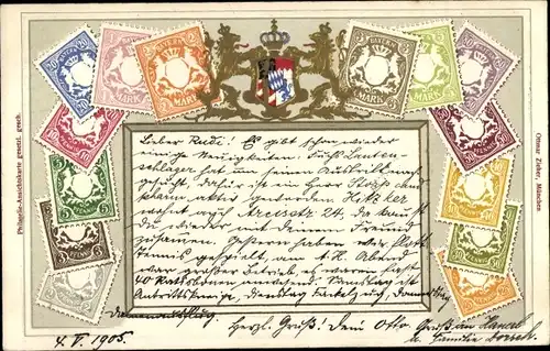 Präge Briefmarken Wappen Ak Löwen, Krone, Bayern
