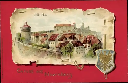 Präge Passepartout Wappen Litho Nürnberg in Mittelfranken Bayern, Hallertor