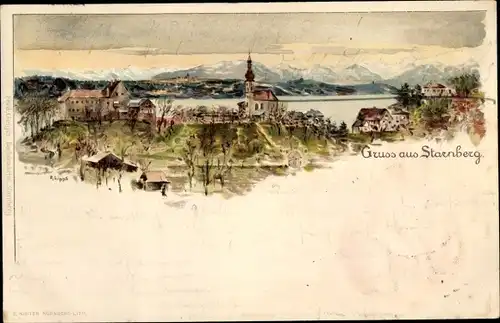 Künstler Litho Lipps, R., Starnberg in Oberbayern, Starnberger See, Kirche