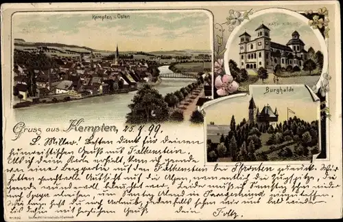 Litho Kempten im Allgäu Schwaben, Burghalde, Kirche, Totalansicht