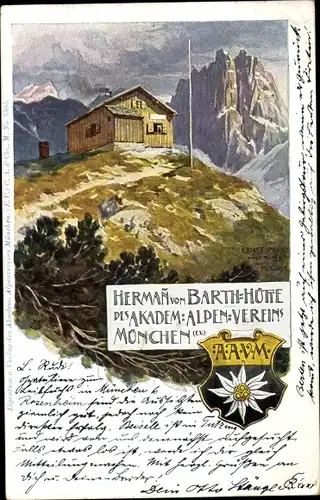 Künstler Ak Tirol Österreich, Hermann von Barth Hütte, Allgäuer Alpen, Akadem. Alpenverein München