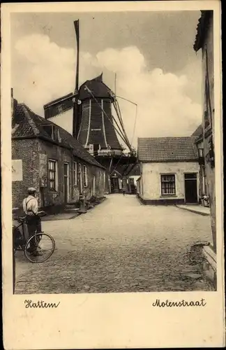 Ak Hattem Gelderland Niederlande, Mühlenstraße, Windmühle