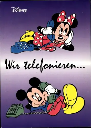 Ak Walt Disney, Mickey und Minnie beim Telefonieren