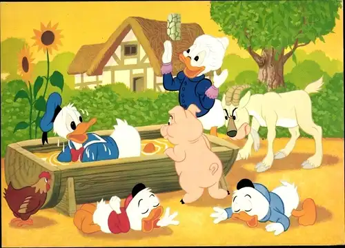 Ak Donald Duck, Grandma Duck, Schwein, Bauernhof, Tick, Trick, Track, Walt Disney