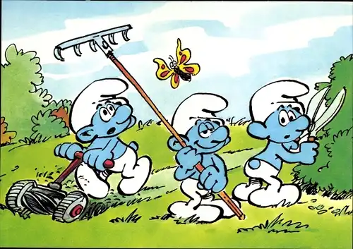 Ak Walt Disney, Schlümpfe arbeiten im Garten, Schmetterling