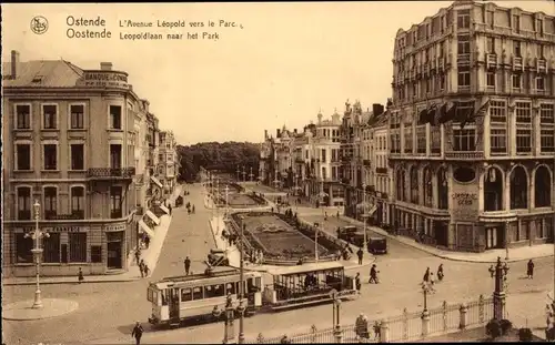 Ak Ostende Westflandern, Avenue Leopold, Leopoldlaan naar het Park, Straßenbahn