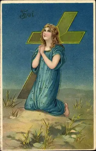 Litho Allegorie, Betende Frau mit Kreuz