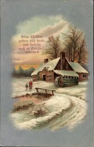 Litho Jesus Christus gestern und heute, Winterlandschaft, Wassermühle, Hebr. 13 8