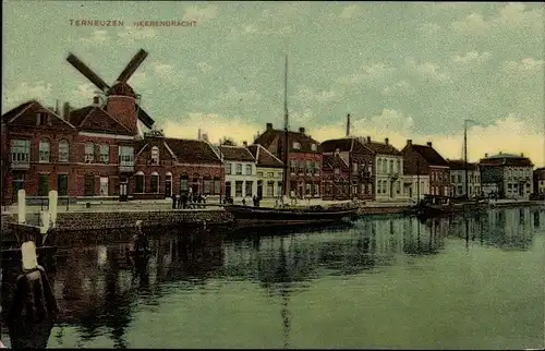 Ak Terneuzen Zeeland, Heeerengracht, Windmühle, Boote