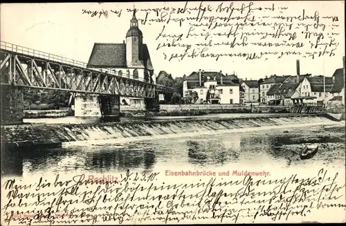 Ak Rochlitz an der Mulde Sachsen, Eisenbahnbrücke, Muldenwehr, Kirche