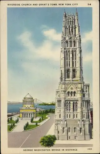 Ak New York City USA, Riverside Church, Grant's Tomb, Washington Bridge