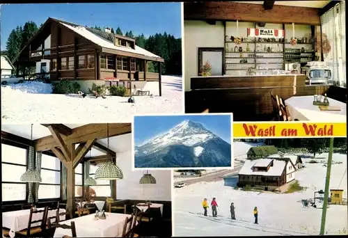 Ak Puchenstuben Niederösterreich, Gasthaus "Wastl am Wald", Hütte, Skifahrer, Gipfel, Innenansichten