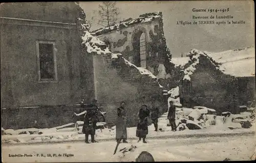 Ak Serres Meurthe et Moselle, Kirche, Winter, Kriegszerstörung 1. WK