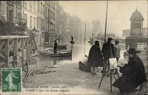 Postkarte Paris VI, Seine-Überschwemmung 1910, Quai des Grands Augustins