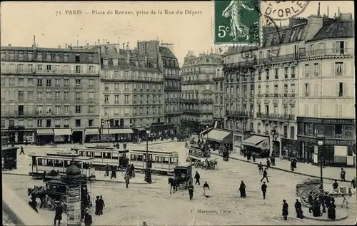 Ak Paris VI, Place de Rennes, aufgenommen von der Rue du Depart, Straßenbahn