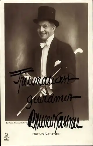 Ak Schauspieler Bruno Kastner, Portrait, Zylinder, Gehstock