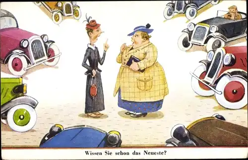 Künstler Ak Wills, John, Zwei Frauen im Gespräch mitten auf der Straße, Autos