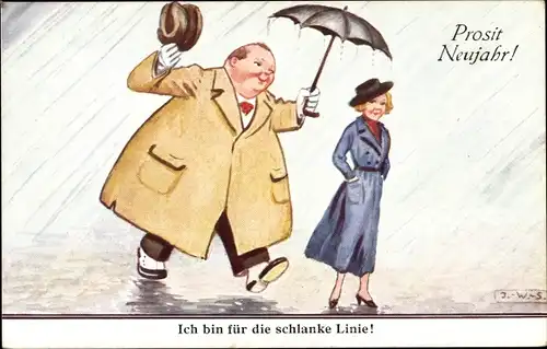 Künstler Ak Wills, John, Frohes Neujahr, Ich bin für die schlanke Linie, dicker Mann, Regenschirm