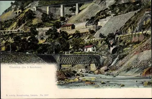 Ak Giornico Kt. Tessin Schweiz, Die drei Bahnlinien, Eisenbahnbrücken
