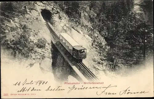 Ak Kanton Luzern Schweiz, Pilatusbahn, Zahnradbahn, Wolfortsviadukt