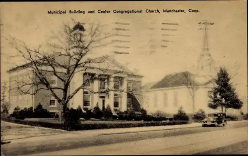 Ak Manchester Connecticut USA, Gemeindegebäude, Centre Congregational Church