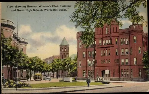 PC Worcester Massachusetts USA, View showing Armory, Women's Club Building, North High School