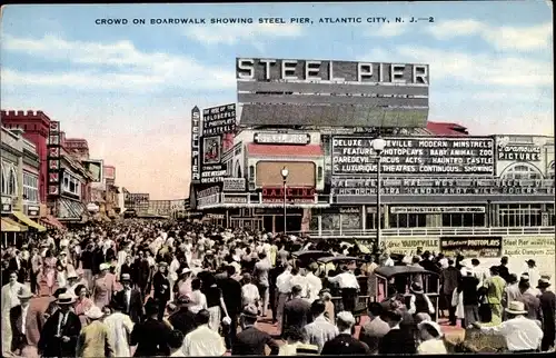Ak Atlantic City New Jersey USA, Menschenmenge auf der Promenade mit Steel Pier
