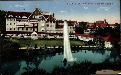 Ak Bad Elster im Vogtland, Albert Park mit Sanatorium, Teich, Fontäne