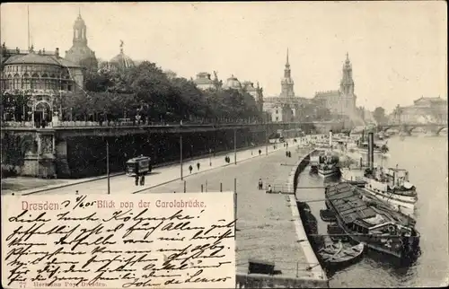 Ak Dresden, Blick von der Carolabrücke, Dampfschiff