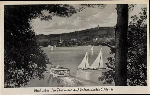 Ak Woltersdorf bei Berlin, Woltersdorfer Schleuse, Flakensee, Boote, Aussichtsturm