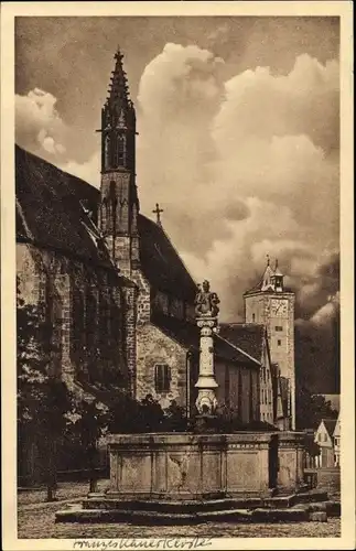 Ak Rothenburg ob der Tauber Mittelfranken, ehemaliges Franziskanerkloster, Herrenmarkt, Brunnen