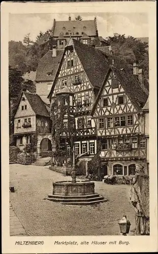 Ak Miltenberg am Main Unterfranken, Fachwerkhäuser, Brunnen, Marktplatz, Burg