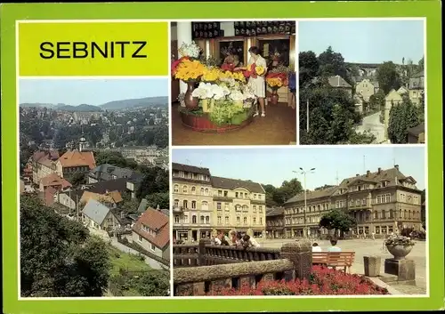 Ak Sebnitz Sächsische Schweiz, Blick auf die Stadt, Industrieladen des VEB Kunstblume, Markt